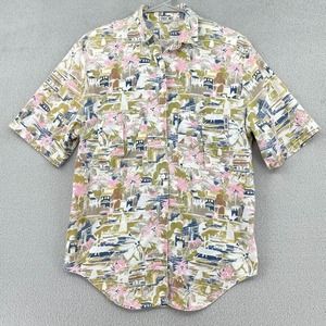 Vtg Cherokee Hawaiian Shirt Womens M Multicolor Palm Trees Boats Dock USA Made